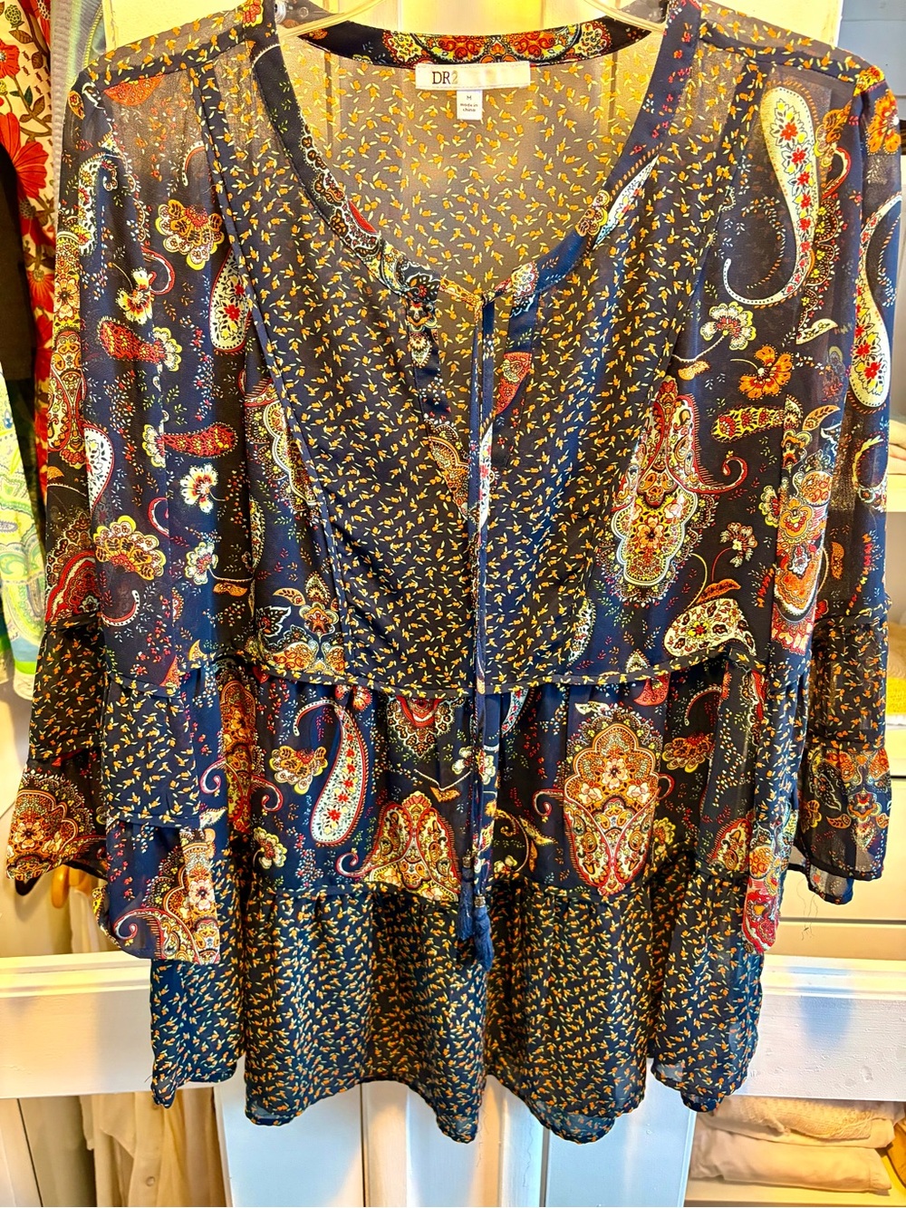 DR2 Navy Paisley Tiered Long-Sleeve Tunic Top with Multicolor Print
